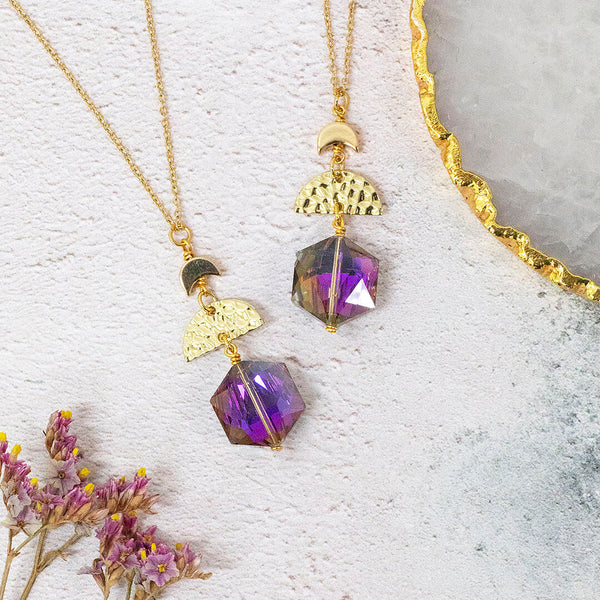 image shows purple hex crescent duo necklaces with half moon charms on a white background.