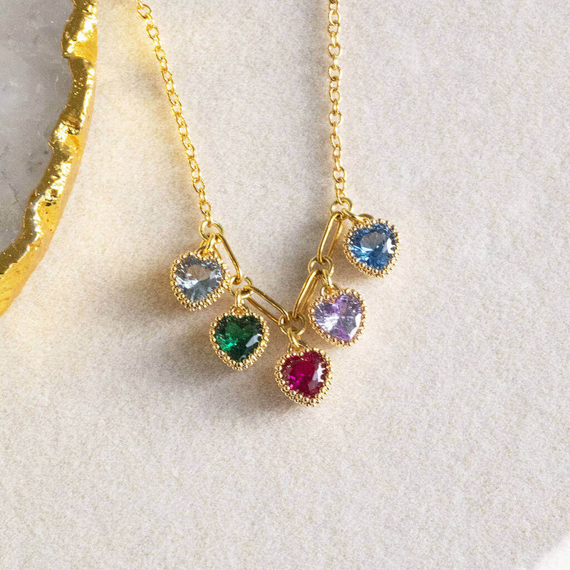 image shows family birthstone necklace with heart crystal birthstones.