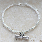 clasp fastening bracelet made with silver beads, graduation scroll charm, gift for her