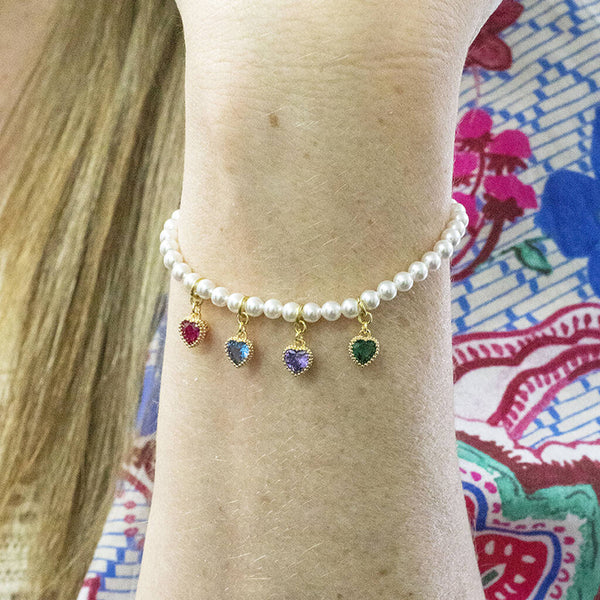 Pearl Bracelet with Birthstone Hearts JOY by Corrine Smith