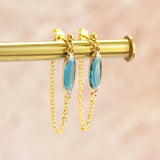 image shows gold pated oval birthstone chain drop earrings with december zircon birthstone.